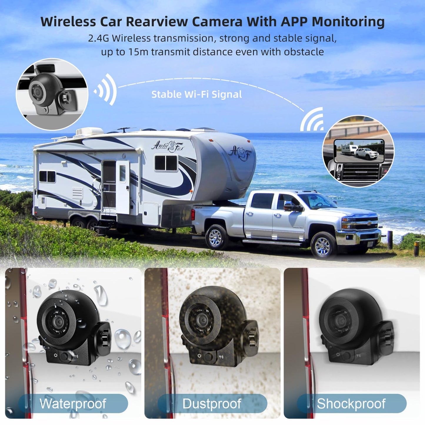 Uzone wireless rearview camera with night vision, IP68 waterproof, magnetic, WiFi, smartphone app for iPhone and Android. Wireless rearview camera with rechargeable battery for RV, hitch, horse trailer.