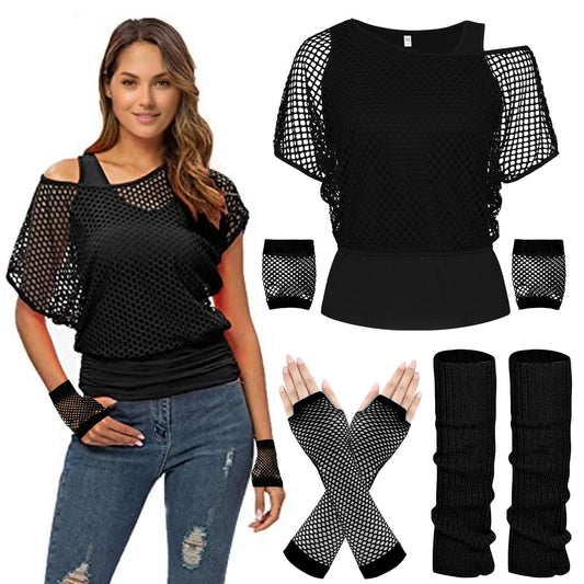 WILDPARTY 80s 90s Outfit Women, Mesh shirt, Tank top, Leg warmers, Fishnet gloves, 80s Costume Mesh Top Women Tops Neon Shirt 80s Aerobic Outfit Clothing Theme Party Clothes