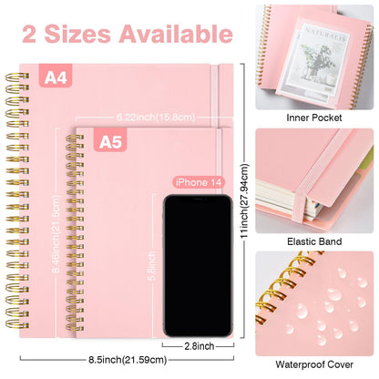 Notepad, A4 lined notebook, notebooks with 5 compartments and removable dividers, 300 sheets 100GSM spiral notebook softcover for writing, for work and school supplies, 21.5 x 27.9cm, pink.