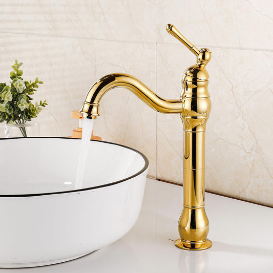 FWZZQ Gold Retro Bathroom Faucet, Basin Faucet High Swivel 360°, Single Handle Sink Faucets, Nostalgic Brass Bathroom Mixer Tap for Bathroom