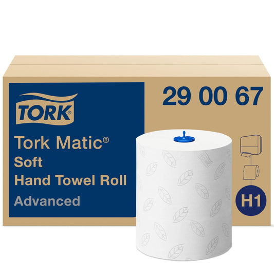 Tork Matic Roll Towel Advanced 290067 - H1 for roll towel dispenser, soft, 2-ply, white & Tork Matic Roll Towel Dispenser 551000 - H1 roll towel dispenser, single sheet dispensing, white.