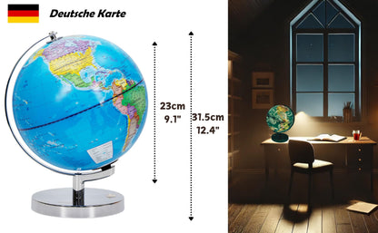 23cm illuminated globe with metal base - German map - student globe with cable-free LED lighting - political map (daytime) - constellation of stars (night)