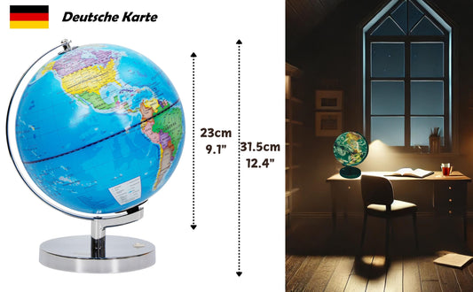 23cm illuminated globe with metal base - German map - student globe with cable-free LED lighting - political map (daytime) - constellation of stars (night)