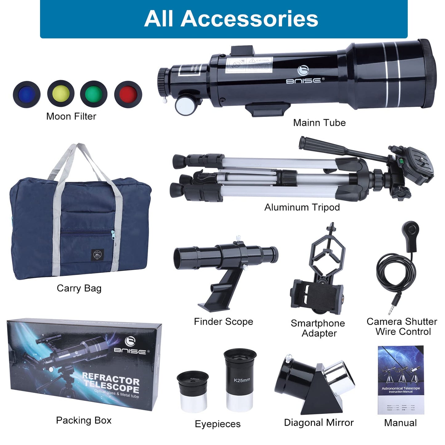 BNISE Telescope Astronomy Professional, 70/400MM Telescope for Kids Beginners with Adjustable Tripod Smartphone Adapter and Moon Filter