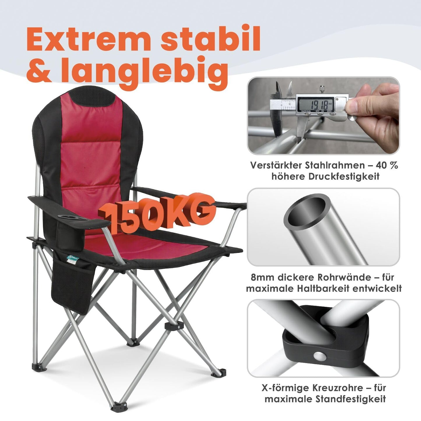 Homecall Camping Chair Foldable 150kg Load-bearing Camping Chair High-back 108cm with Lumbar Support, Padded Folding Camping Chair Fishing Chair Foldable for Garden Picnic (Red - 2 pieces)
