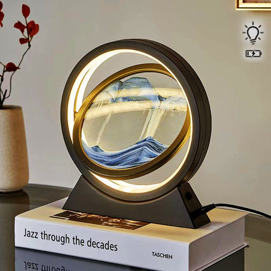 Neioaas 3D Moving Sand Art Table Lamp, 360° rotating sandscapes hourglass decor flowing sand lights,3D deep sea sand art hourglass lamp, adult child sand painting decor (Black-Blue)