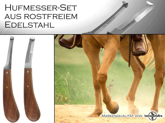 Professional hoof knife 2-piece set for horses. Double-sided sharp blades, thin and wide. Claw knife, groove knife for cattle hoof care. Farrier tool with curved hooks. Special steel, rustproof. Ergonomic handle.
