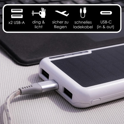 Boompods Obi Solar 10000mAh Solar Powerbank - Fast-charging charger with USB-C & 2X USB ports, Outdoor Power Bank with solar panel, Durable charging station for mobile phones, tablets and travelling, White