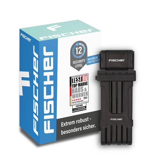 FISCHER Bike Folding Lock PROTEC PLUS FK110, high security with hardened special steel, includes holder and 3 keys, Length: 110cm, Black
