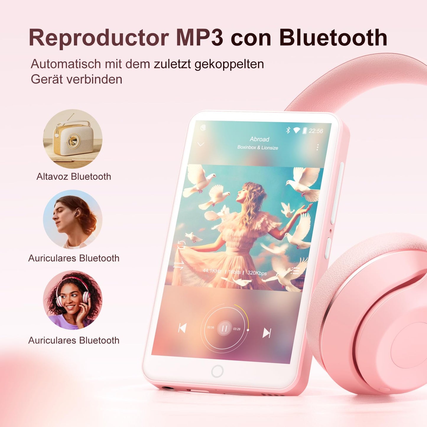 80GB MP3 player with Bluetooth and WLAN, MP3 & MP4 music player, Oilsky 4 inch 1080P touchscreen video player, portable Android Spotify player with Play Store app (Pink)