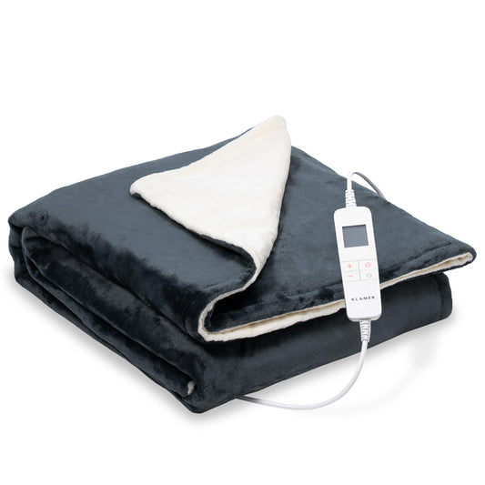 KLAMER electric heated blanket with automatic shut-off, 180x130 cm, washable, 10 temperature levels, suitable for bed, sofa, and office, dark grey.