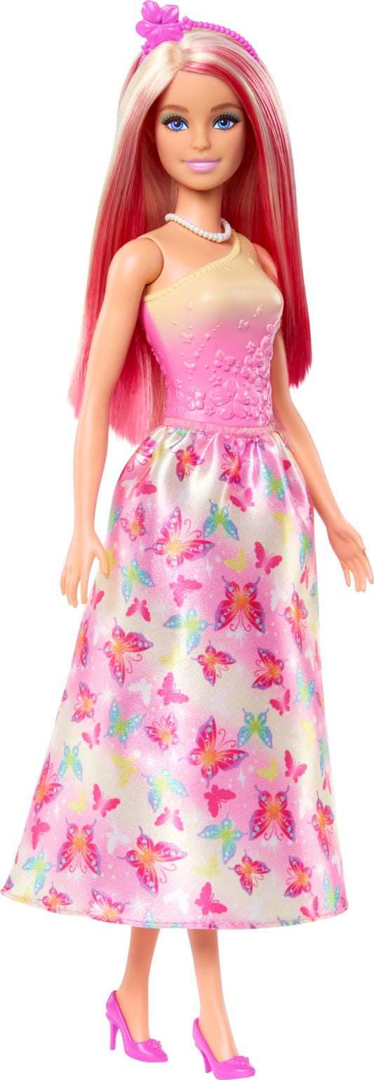 Barbie Royal Doll with imaginative hair in blond and pink, colorful accessories, pink ombre top, and butterfly-patterned skirt, HRR08.