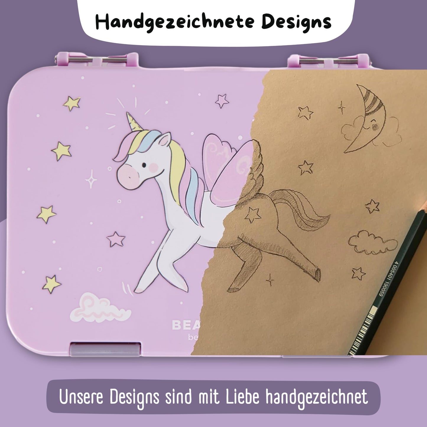 BEARFOOT Kids BPA-free lunchbox/bento box with compartments, for girls & boys, school & kindergarten (unicorn)