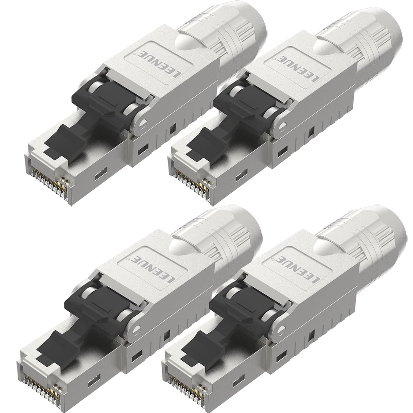 LEENUE network plug cat7 tool-less, Gold-plated RJ45 plug Tool-less POE for Cat7 Cat6A solid cables, tool-less lan plug cat 7 10 Gbit/s 600 MHz, Shielded, Reusable, 4 pieces