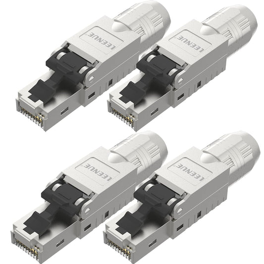 LEENUE network plug cat7 tool-less, Gold-plated RJ45 plug Tool-less POE for Cat7 Cat6A solid cables, tool-less lan plug cat 7 10 Gbit/s 600 MHz, Shielded, Reusable, 4 pieces