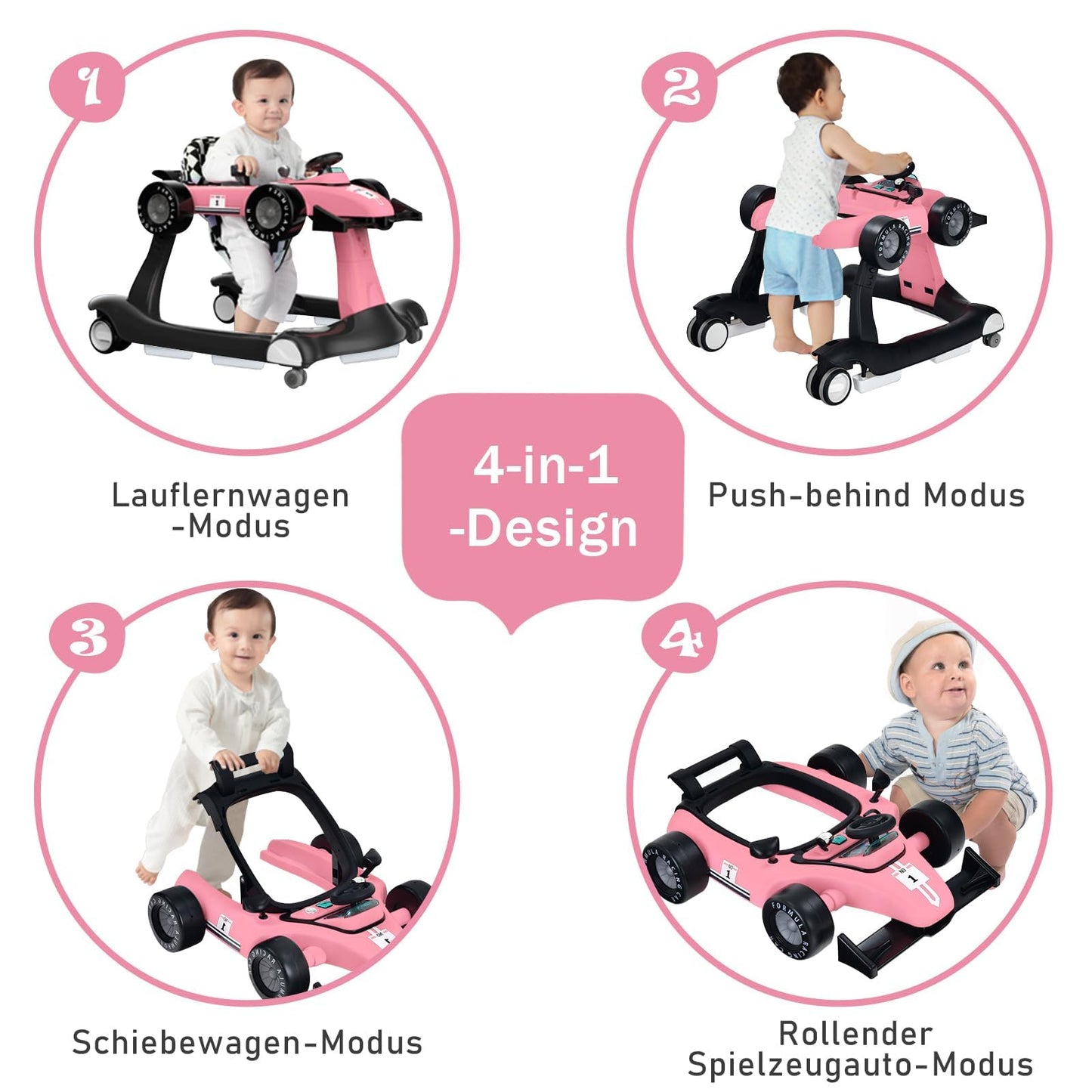 COSTWAY 4 in 1 walker, foldable and adjustable height & speed baby walker shaped like a car with music box, lights & wheels for babies 6 months and up, maximum weight 12kg (Pink)