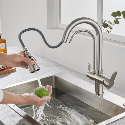 KINKIBOS 3-way kitchen faucet with pull-out sprayer for water filter, brass body, 360° swivel kitchen tap, mixer tap with drinking water spout, brushed nickel.