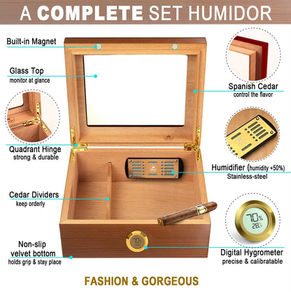 Slege Cigars Humidor, Humidor Cigars Spanish Cedar, with Digital Hygrometer, INOX Cigars Humidifier, Divider, Cuban Cigars Accessories, Gift for Men, German Manual (Brown)