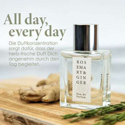 Jean & Len Rosemary & Ginger Eau de Parfum, spicy-fresh scent of rosemary & ginger, handmade in small batches, minimalist glass bottle, unisex fragrance, 50 ml.