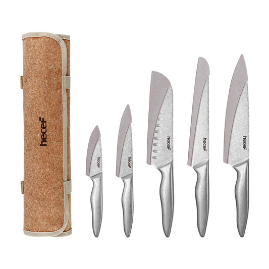 hecef 5-slot knife set with roll bag and knife sheath, vintage stonewashed stainless steel knife set with hollow handle, professional kitchen knife set for outdoor, camping