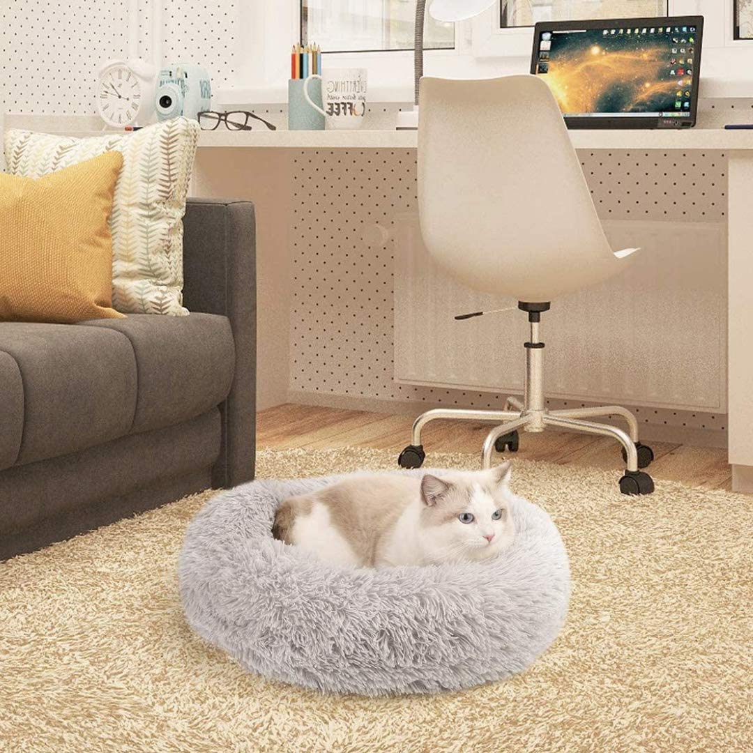 Wuudi bed for cat, dog cushion fluffy cat bed set with blanket, round cat bed plush dog bed 2 pieces soft warm pet bed + pet blanket for cats and small (light gray)