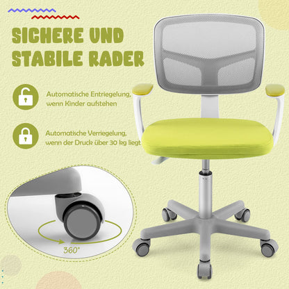 COSTWAY 360° swivel kids desk chair, 80-91.5 cm adjustable height youth chair with backrest & armrests, computer chair with 5 wheels for kids aged 3-10 years old (Green)