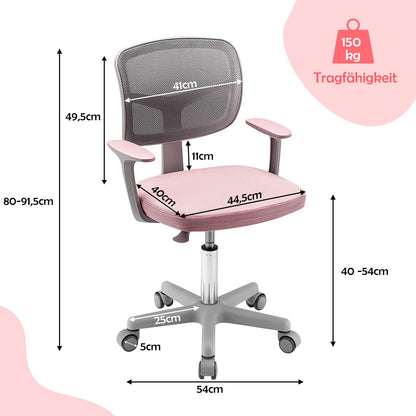 COSTWAY 360° Rotatable Kids Desk Chair, 80-91.5 cm Height Adjustable Youth Chair with Backrest & Armrests, Computer Chair with 5 Wheels for Children aged 3-10 years old (Pink)