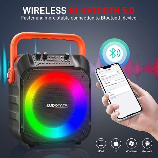 SUDOTACK Portable Karaoke Machine with 2 wireless microphones, Bluetooth speaker box for adults/kids with lighting effects, supports TF/USB, AUX in, FM, REC, TWS for karaoke, parties, birthdays.