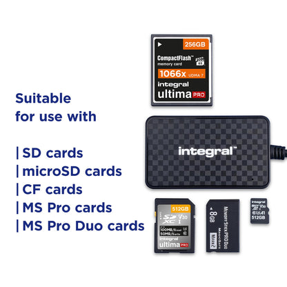 Integral 4-in-1 memory card reader, USB 3.0 & USB C adapter for microSD, SD, Compact Flash, MS Duo/Pro - For iPhone 15/16 Plus/Pro/Pro Max, MacBook Pro/Air, iPad, PC, Laptop, Tablet, Smartphone