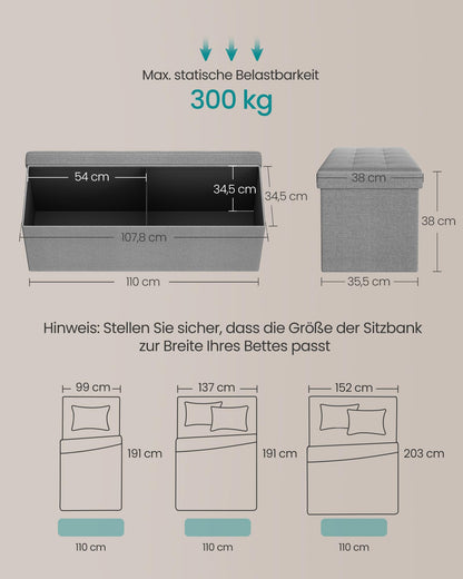 SONGMICS Storage Ottoman, Folding Bench, 38 x 110 x 38 cm Footrest, Storage Box, holds up to 300 kg, for Living Room Bedroom Hallway, Grey LSF77G
