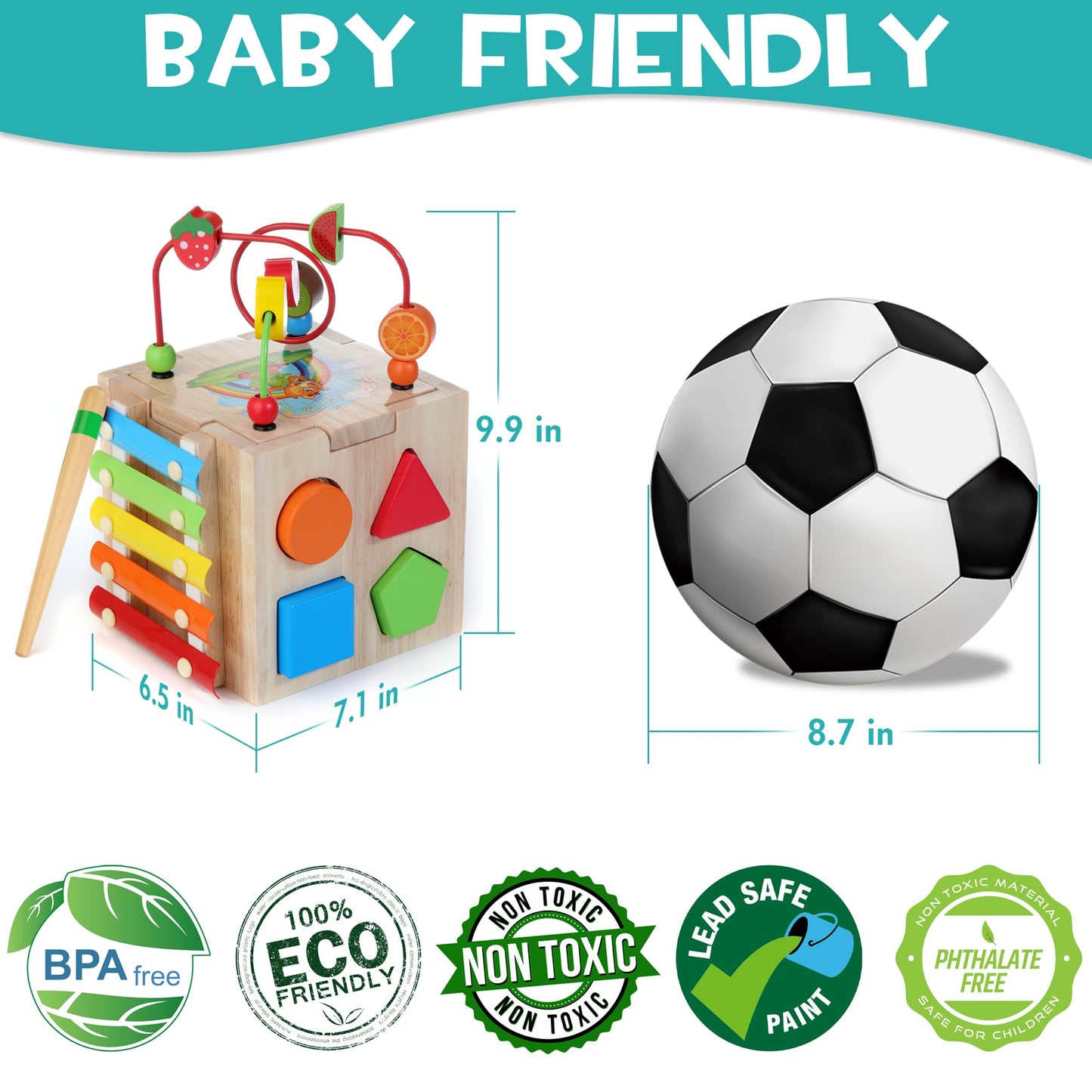 HELLOWOOD wooden activity cube 8 in 1 motor skills toy with stacking and sorting board word cards (in English) Montessori educational toy for toddlers babies 18 months and up