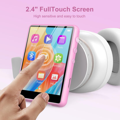 64GB MP3 player with Bluetooth 5.3, 2.4 inch full touchscreen, portable music player with HiFi lossless digital audio, speaker, FM radio, E-Book, supports up to 128GB. Available in pink.