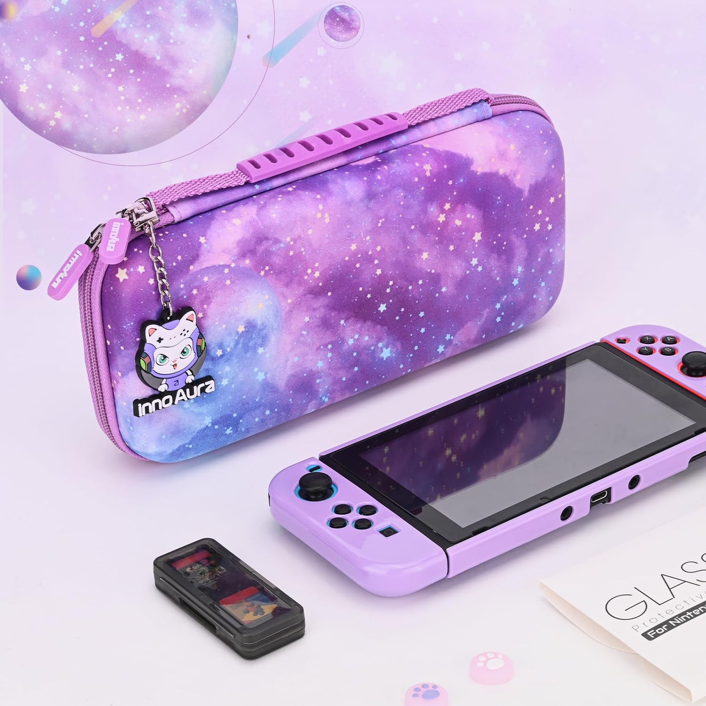 innoAura carrying case for Switch, 14-in-1 NS Switch accessory set with Switch bag, Switch protective case, Switch screen protector, Switch game storage, Switch joystick caps (Galaxy Purple)