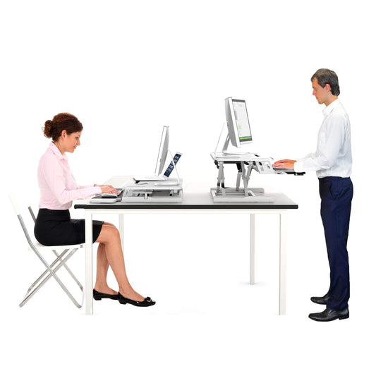 bonVIVO Sit-Stand Workstation, adjustable desk attachment with integrated gas spring for office desks & computer tables, standing desk converter in white color.