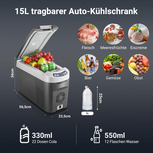 AAOBOSI compressor cooler 15 liters, car cooler -15℃~20℃, electric cooler 12/24V for car, truck, boat, RV, and socket.