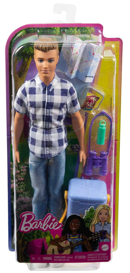 Barbie Camping Series, Ken doll with brown hair, map, binoculars, camping accessories, stickers, includes Ken doll, gift for kids, toy for ages 3+, HHR66
