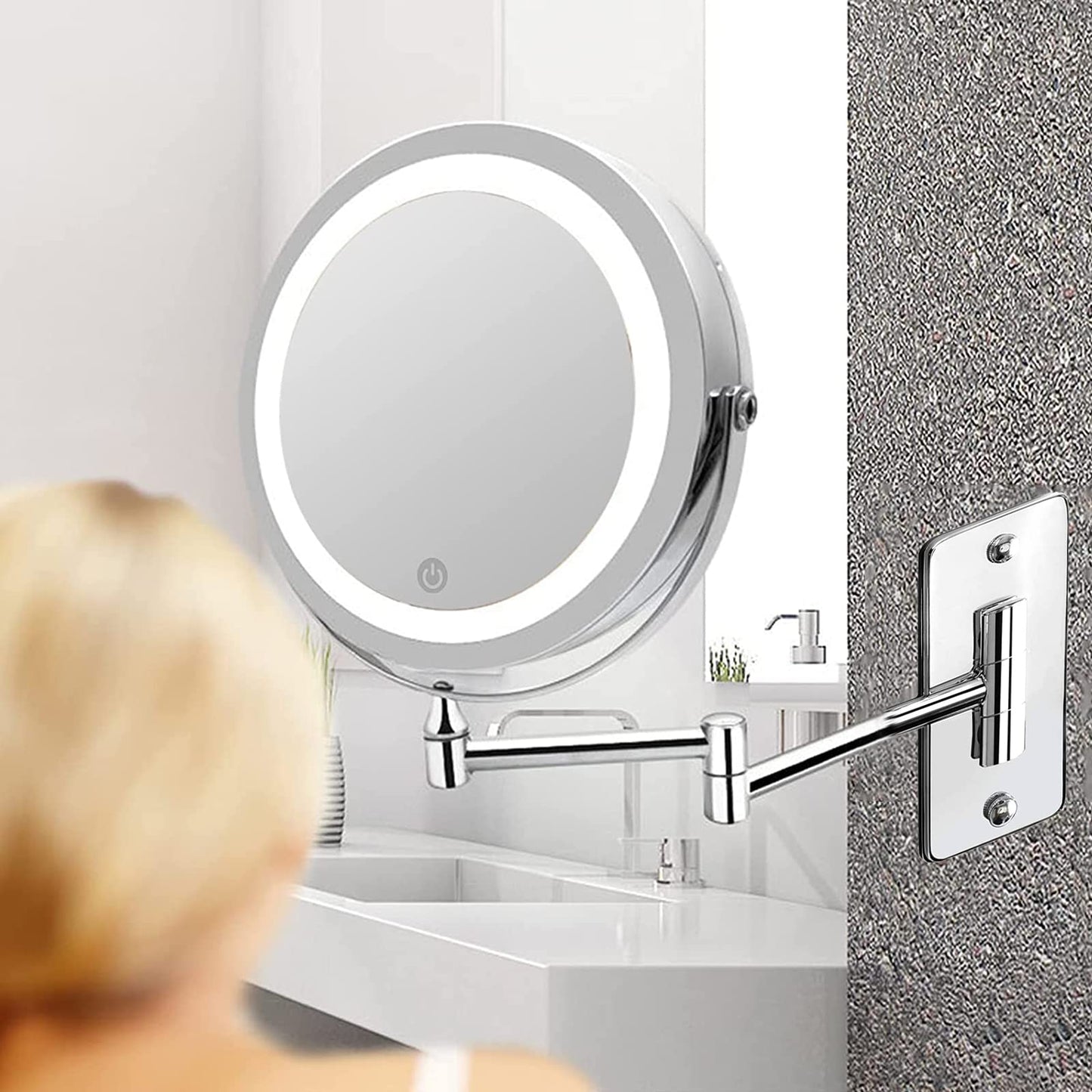 AUPERTO LED Lighted Makeup Mirror - Wall-mounted makeup mirror with 1x/10x magnification, touch button adjustable light, 360° swivel wall mount, and USB rechargeable for bathroom.