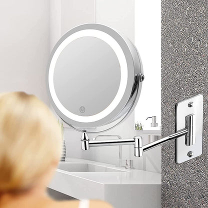 AUPERTO LED Lighted Makeup Mirror - Wall-mounted makeup mirror with 1x/10x magnification, touch button adjustable light, 360° swivel wall mount, and USB rechargeable for bathroom.