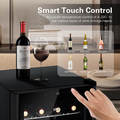 HCK 70L Wine Cooler for 24 bottles, 4-22°C Wine Fridges Bottle Cooler, Beverage Cooler with Glass Door, Quiet Wine Cabinet, Frost-Free Glass Door, Full Glass Touch Panel, Black