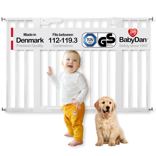 BabyDan Premier, extra wide pressure mounted stair gate, 112-119.3 cm, door gate/barrier/baby gate/safety gate, metal, white, Made in Denmark (dog gate)