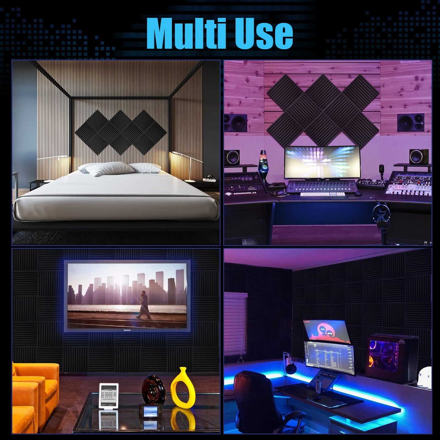 12 pieces of self-adhesive acoustic foam for soundproofing in podcast recording studios, reducing echo and reverberation on ceilings in home offices. Size: 30x30x2.5cm.