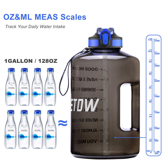 3.78L water bottles with straws, BPA free. Reusable with time markers. Large sports bottle with strong handle for sports, fitness, outdoor activities, hiking.