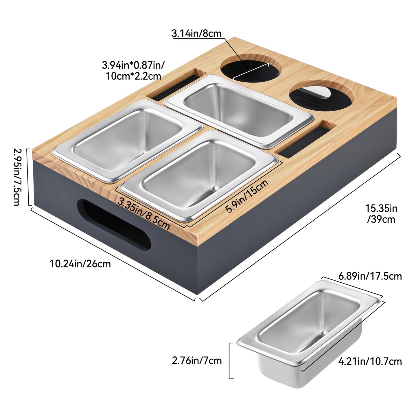 Couch bar snack box, coffee bar with stainless steel snack bowls, bamboo black couch tray, sofa shelf - for bedroom, living room, camping, garden (wood-gray)