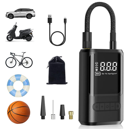 ZORUMAN 6000mAh Mini Portable Electronic Air Pump, 150PSI Battery, Electric Bike Pump with Digital Display and Emergency Lighting, Pump for Car, Motorcycle, Bicycles, Balls.