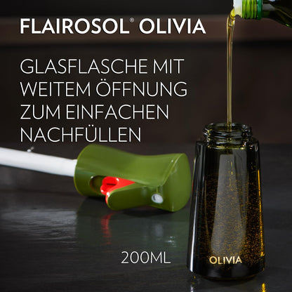 FLAIROSOL OLIVIA 200ml glass oil sprayer - Continuous oil spraying technology with portion control - Versatile oil mister for cooking, salads, grilling, baking, and more scenarios (Green)