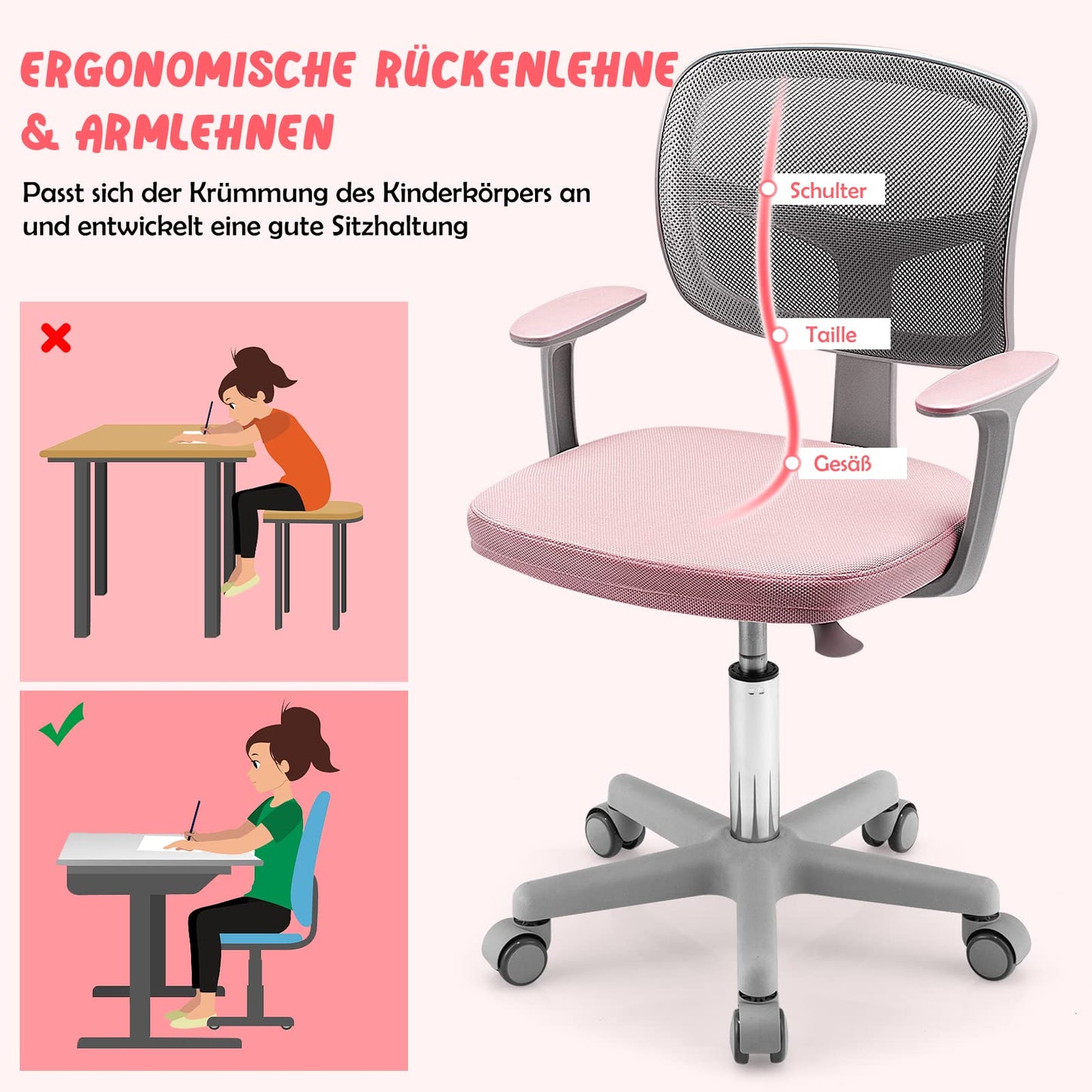 COSTWAY 360° Rotatable Kids Desk Chair, 80-91.5 cm Height Adjustable Youth Chair with Backrest & Armrests, Computer Chair with 5 Wheels for Children aged 3-10 years old (Pink)