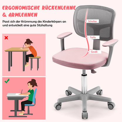 COSTWAY 360° Rotatable Kids Desk Chair, 80-91.5 cm Height Adjustable Youth Chair with Backrest & Armrests, Computer Chair with 5 Wheels for Children aged 3-10 years old (Pink)