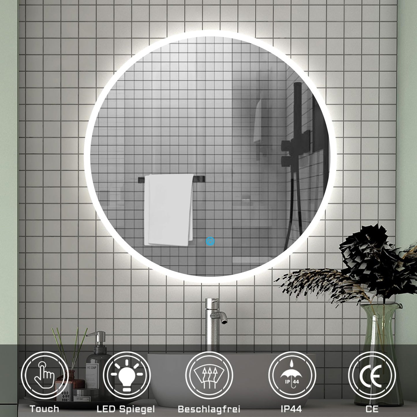 LED bathroom mirror round 60 cm touch demisting wall mirror with lighting light mirror Alpha series
