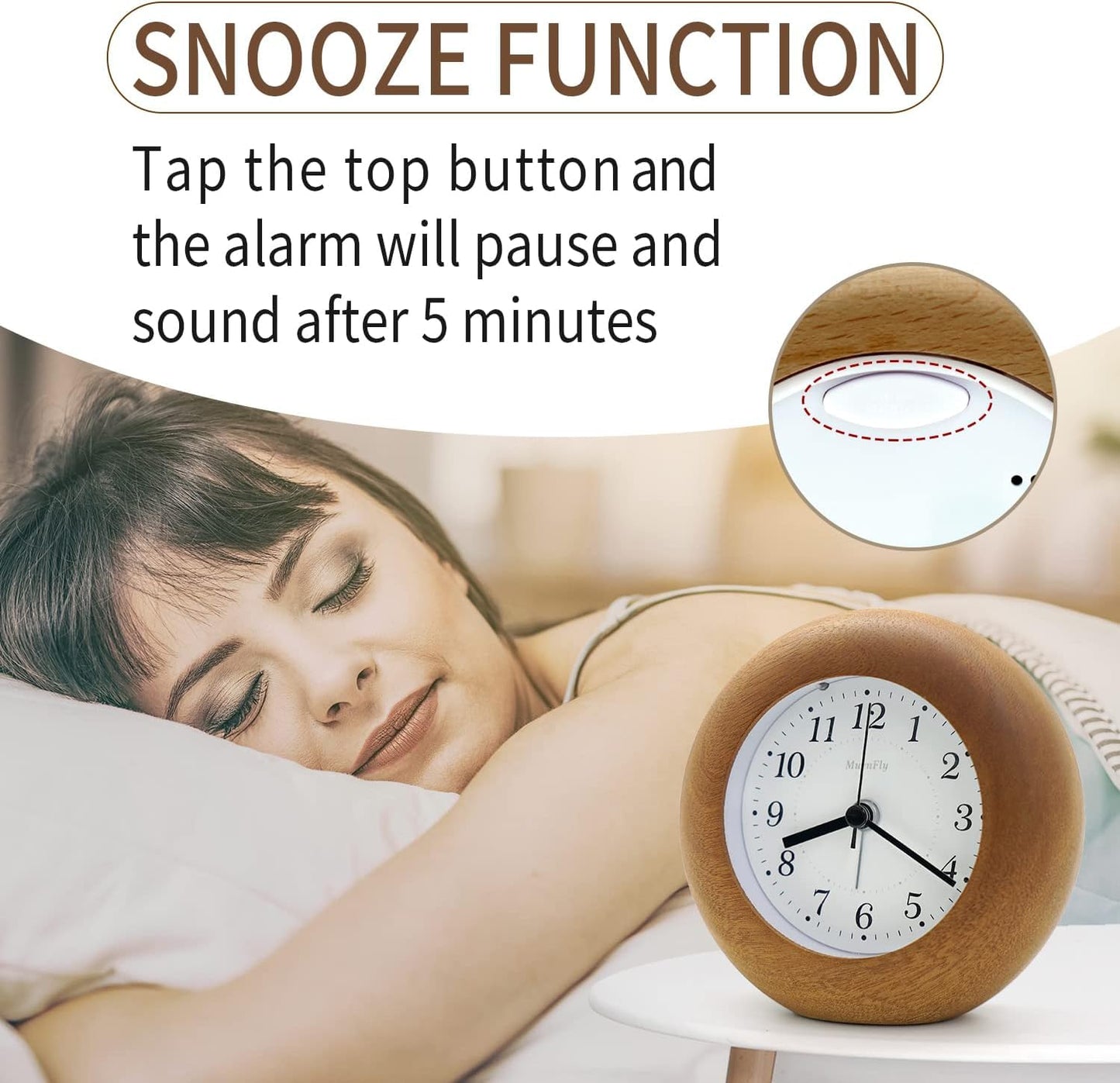 Analog alarm clock without ticking, wooden alarm clock with snooze, retro table clock battery-operated with night light for bedroom, study, office, children's room - Sapele [1 x AA battery required]