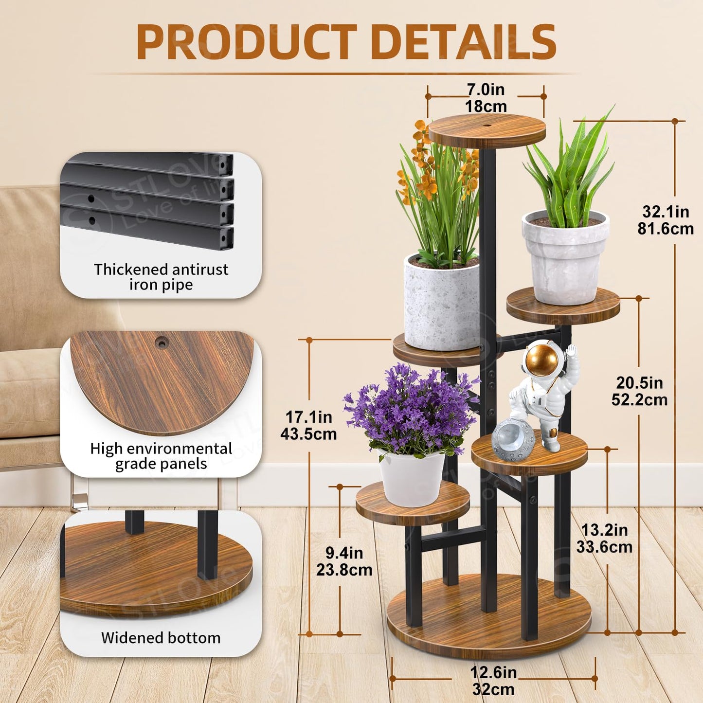 STLOVe plant stand wooden flower stand 6-tier flower rack plant rack corner metal indoor outdoor for multiple plants living room corner outdoor balcony garden, black
